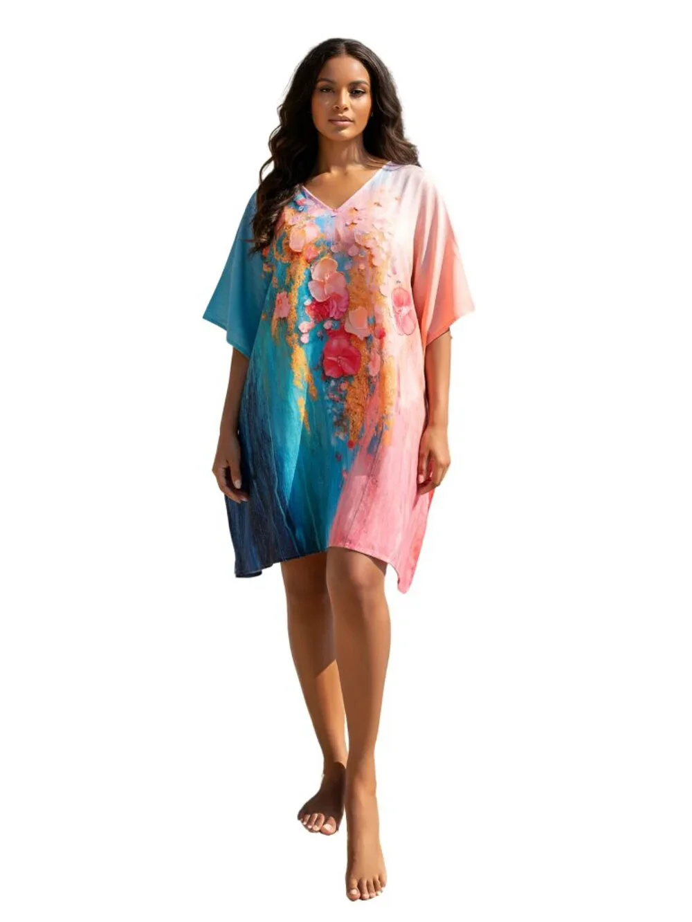 Women’s Plus Size Cotton Silk Floral Print Tunic Beach Cover-up Dress 1X-3X